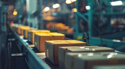 Fototapeta premium Boxes move along a conveyor belt in a well-lit factory, showcasing the efficiency of modern manufacturing and supply chain operations.