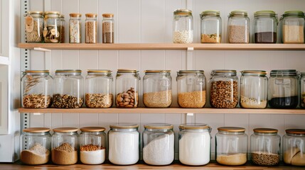 Shelves filled with glass jars containing various grains, nuts, and seeds, organized beautifully in a neat kitchen pantry setting.