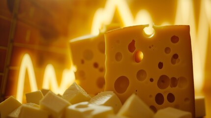 Close-up of cheese blocks with an illuminated financial chart in the background. The warm lighting and cheese textures contrast with the analytical financial data, perfect for reports or presentations