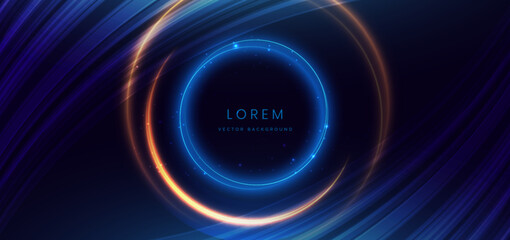 Blue and golden neon circles frame overlapping on dark blue background. Futuristic technology concept.