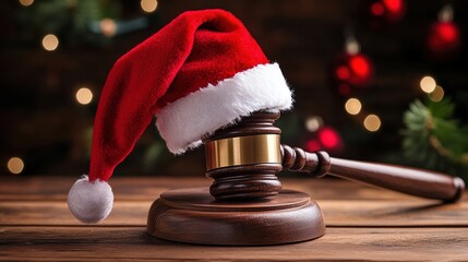 Santa Claus hat on Judge Gavel on wooden rustic background. Christmas and new year celebration. Winter holidays law or heritage protection service.