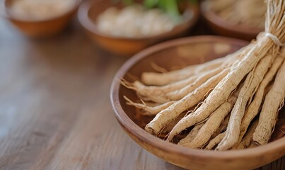 Obraz premium Wild ginseng roots in Chinese herbal pharmacy macro 
