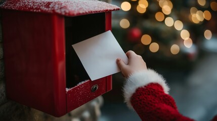Child's Hand Putting a Letter to Santa Claus in Red Mailbox with Snow and Christmas Lights