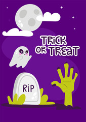 Halloween poster with ghost and graveyard. Vector illustration in flat style