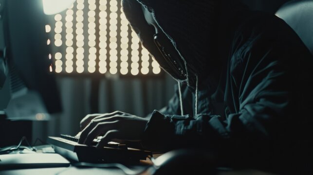 A shadowy figure in a hoodie, typing on a keyboard in a dimly lit room, giving off a sense of anonymity and mystery.