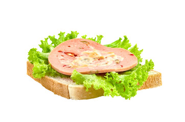 bologna sliced with bread and lettuce leaf isolated