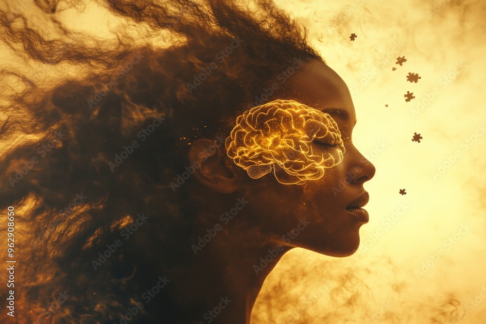 Poster cognitive studies limbic system female profile with fiery brain visualizing creativity and intellect