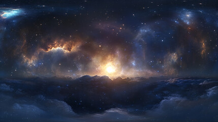 360 degree equirectangular projection space background with nebula and stars environment map. HDRI spherical panorama , Generative AI
 