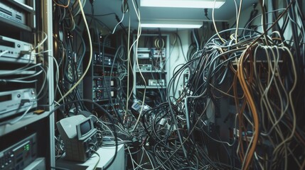 An extremely cluttered server room filled with a myriad of tangled cables and various electronic equipment, creating a dense and chaotic atmosphere.