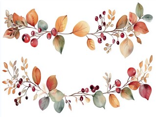 Autumn Watercolor Borders with Leaves and Berries