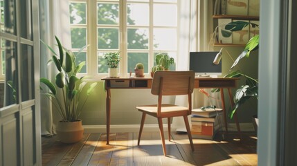A tranquil home office features a minimalist desk set up with plants and books beside a large window, creating a productive and serene work environment.