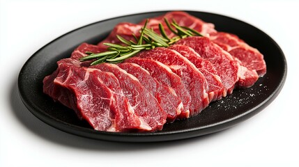 Fototapeta premium Sliced Beef Steak on Black Plate with Fresh Herbs Isolated on White Background