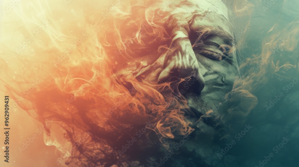Poster a digital artwork portraying an ethereal face merging with fire and water elements. the contrast bet
