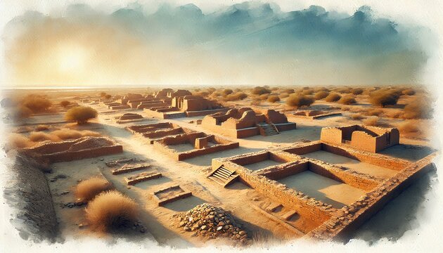 Watercolor painting of Mohenjo-daro, Pakistan, with ancient brick ruins, narrow streets, and an arid landscape.