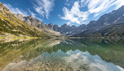 A serene mountain landscape reflecting in a calm lake under a blue sky with wispy clouds.
