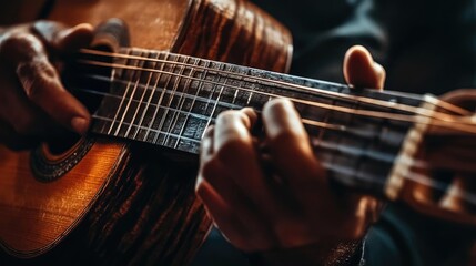 A close-up of hands playing a musical instrument, like a guitar or piano, capturing the emotion and skill of the musician