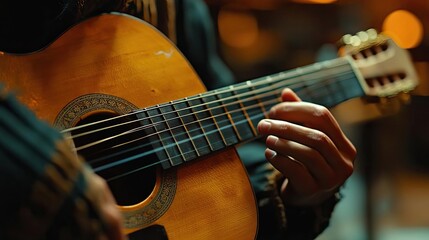 Fototapeta premium A close-up of hands playing a musical instrument, like a guitar or piano, capturing the emotion and skill of the musician