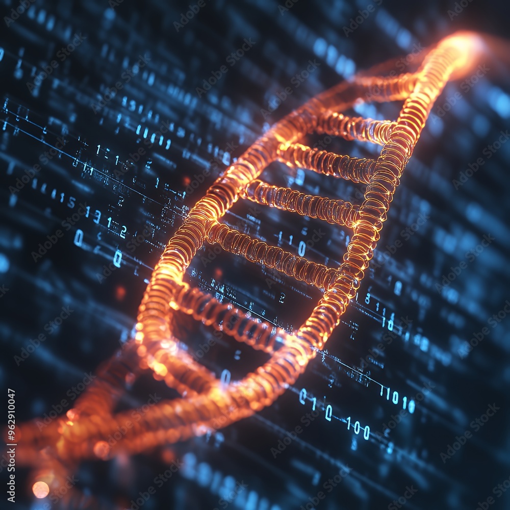 Aufkleber a glowing orange dna helix strand on a digital background of blue binary code.