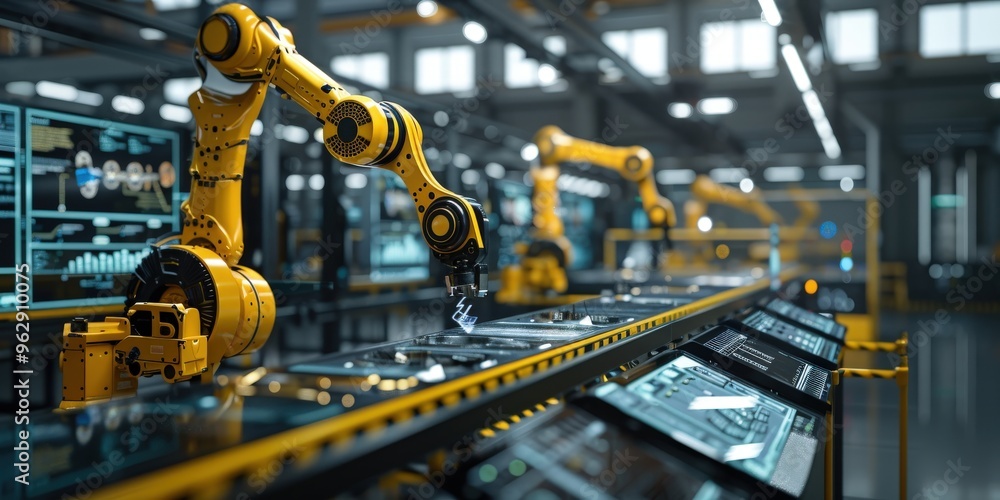 Aufkleber in a state-of-the-art factory, robotic arms work precisely on a production line, enhanced by a digit