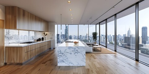 A refined kitchen space adorned with a luxurious white marble island and sleek wooden floors, with a panoramic window offering panoramic views of skyscrapers in a bustling urban setting.