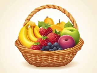 Illustration of a Wicker Basket with Fresh Fruits