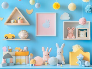 A playful and vibrant background with baby room decor items, perfect for baby product advertisements