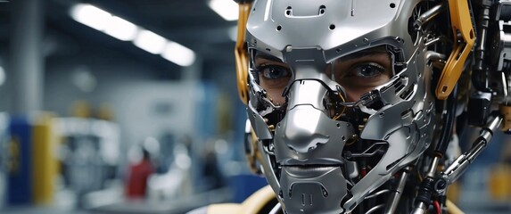 Fototapeta premium robots girl live side by side, Industrial robot works automatically in smart autonomous factory, Engineer check and control welding robotics automatic arms machine in factory automotive