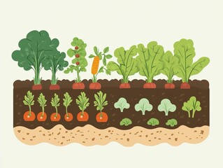 Organic vegetable garden, rows of growing plants, Simple and clean illustration style