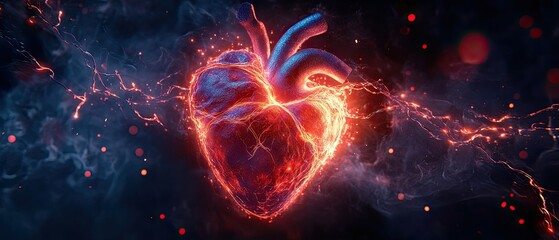 A heart surrounded by electric sparks showing arrhythmia, glowing veins, detailed anatomy, futuristic medical concept, blue and red hues, hyper-realistic