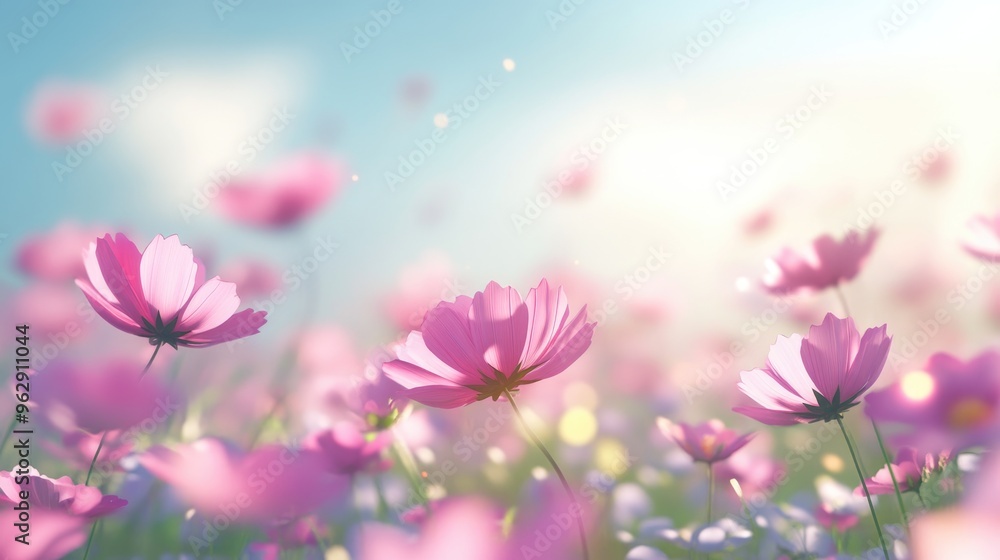 Poster blurred background of pink cosmos flowers in an autumn field featuring 3d cartoon rendering
