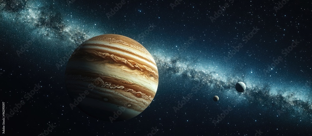 Poster 3d cartoon illustration featuring planet jupiter accompanied by several of its known moons set again
