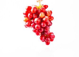 Hand holding fresh red bunch of grapes isolated on white background