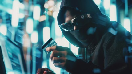 Cyber-themed image with a person in a hood, wearing sunglasses, holding a card, surrounded by digital lights, representing hacking or cyber activity.
