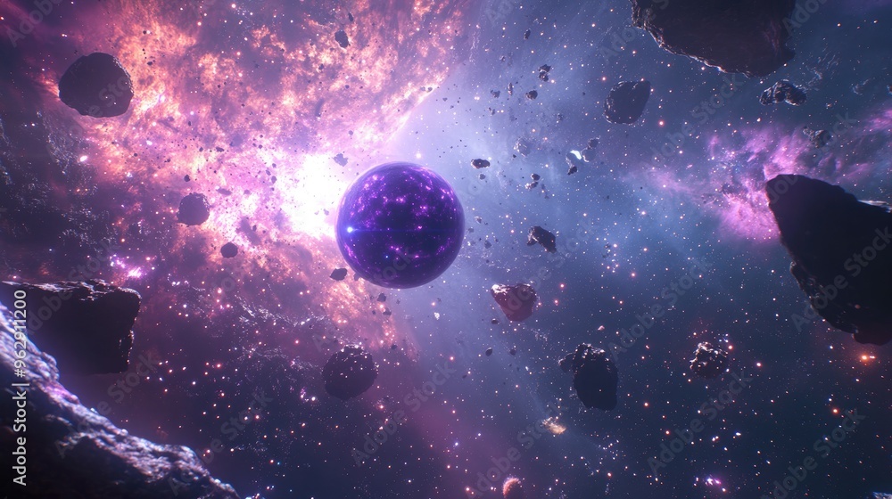 Poster 3d cartoon visualization of stars a planet and a galaxy in open space