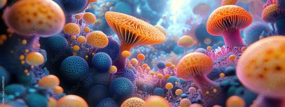 Poster Picture of three dimensional mushroom fractals in motion with 3D cartoon rendering