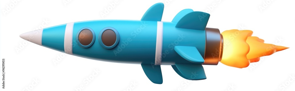 Poster digital blue rocket icon in 3d cartoon rendering for design isolated on white background