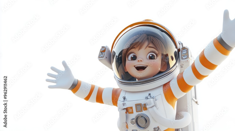 Aufkleber Coolest astronaut girl in action with arms wide open on a white background 3D cartoon rendering 3D illustration