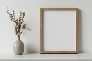 A minimalist scene featuring a blank frame and a vase with dried plants, perfect for home decor inspiration.