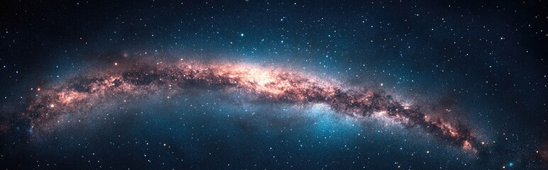 Panorama of the Milky Way galaxy depicted in a 3D cartoon rendering featuring stars and cosmic dust in the universe