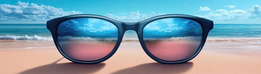 A pair of sunglasses with a reflection of the beach, great for summer or vacation-themed designs