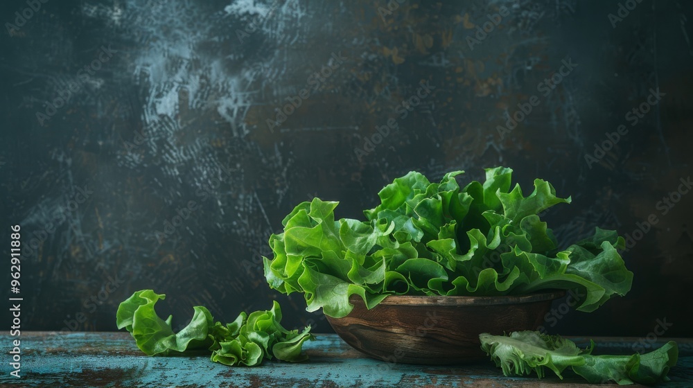 Poster Vibrant green lettuce leaves in a wooden bowl on a rustic table, set against a textured, dark background.