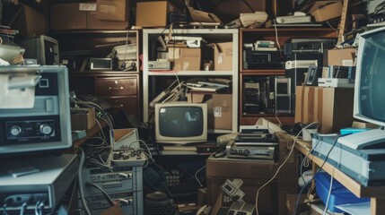 A cluttered room filled with vintage electronics and old computer equipment stacked chaotically.