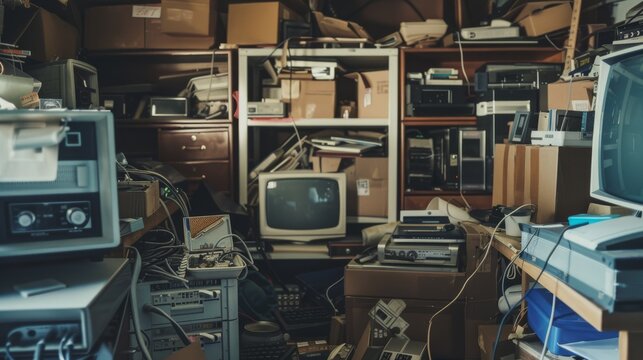 A cluttered room filled with vintage electronics and old computer equipment stacked chaotically.