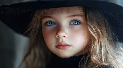 portrait of a little girl child with blue eyes in Halloween costume and in black witch hat
