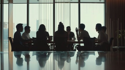 A group of people in a meeting room, silhouettes against large windows, deep in discussion, capturing a dynamic business atmosphere.