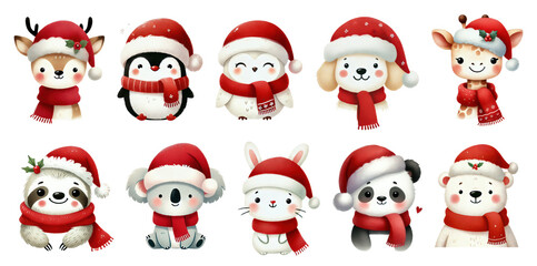 Cute Christmas animals in Santa hats, isolated on transparent background