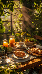 Naklejka premium Breakfast Table with Fresh Food and Sunlight