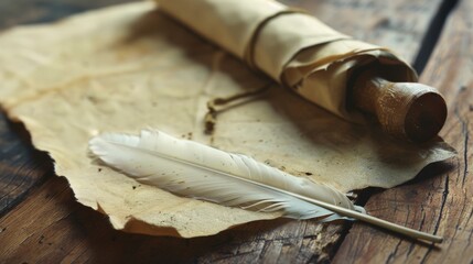 A rolled scroll and quill rest on aged parchment, evoking themes of history, mystery, and scholarly pursuits.