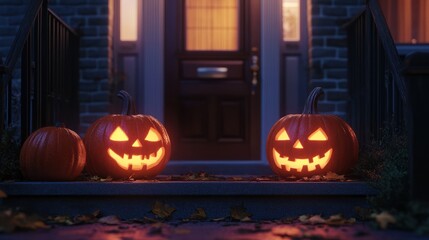 Scary Halloween pumpkins glowing at night on front steps, ai generated