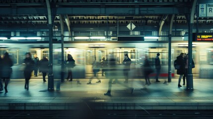 Subway platform with a speeding train creating a blur, passengers waiting and walking, capturing the essence of urban transit.